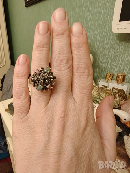 Изумителен ръчно изработен сребърен пръстен с естествени камъни   НАМАЛЕН камъни , снимка 1