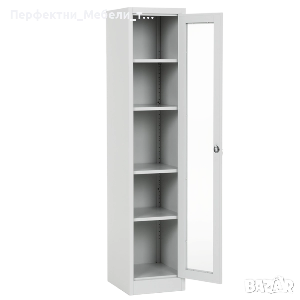 Тесен висок метален шкаф с 4 рафта,ключ,стъклени врати-за лекарства,мостри,изложения,ценни предмети, снимка 1