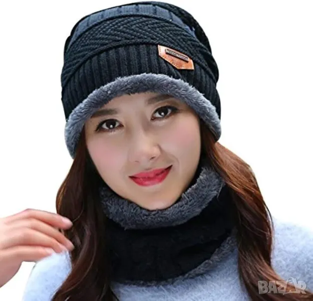 Комплект плетени шапка и шал с полар Song Ting, Сив, снимка 1