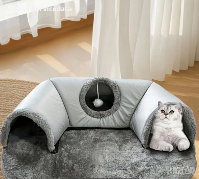 Плюшено котешко легло с тунел за игра - размер М, 55*75см, снимка 1