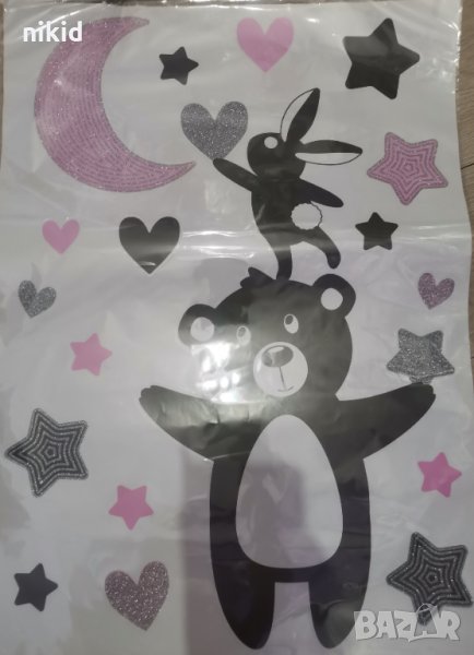 Мече и зайче бебешки детски стикер лепенка за стена мебел самозалепващи детска стая с брокат, снимка 1