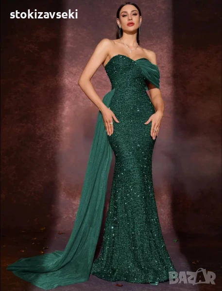 Дълга зелена рокля от пайети с акценти от тюл  , снимка 1