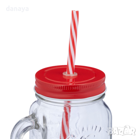 4593 Бурканче за коктейли с цветна капачка и сламка, 450 мл, снимка 7 - Чаши - 44790720
