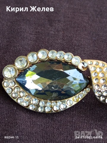 Ретро брошка тип папионка с сребристи кристали и зелени полу скъпоценни камъни 38846, снимка 6 - Антикварни и старинни предмети - 51145823