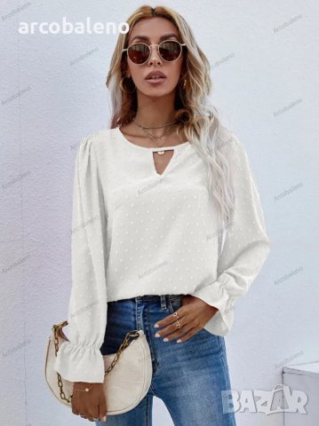 Дамска едноцветна риза с кръгло деколте и дълъг ръкав на точки, 3цвята , снимка 12 - Ризи - 39922661