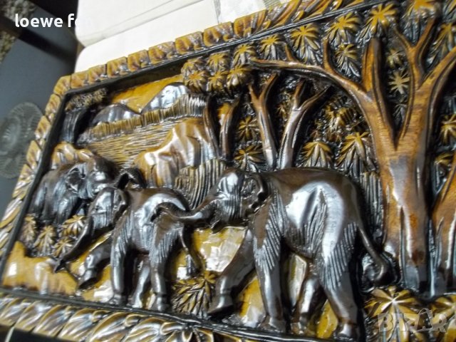 Ръчна Дърворезба Абаносово Дърво Слонове Слон - 61 см на 29,5 см ! Пано Картина !, снимка 4 - Картини - 39910521