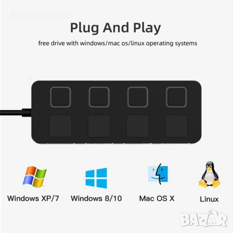 USB разклонител хъб, 4 порта USB 2.0 с индивидуални LED индикатори, 480MBp/s , снимка 11 - Други - 53227906