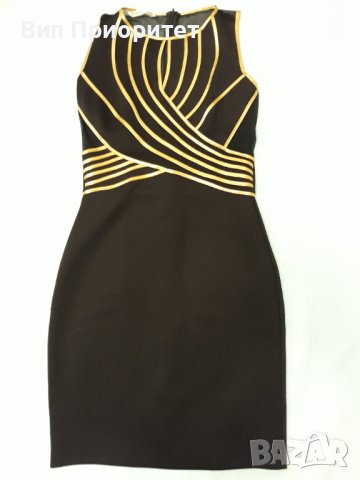 Бутикова рокля FERVENTE , черна с плътни и прозрачни сегменти /отстрани и на гърба/ + златни ивици, снимка 1 - Рокли - 37415384