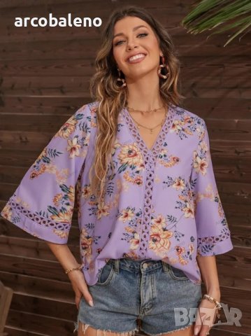 Дамска риза с разкроени ръкави и щампа с V-образно деколте, 5цвята , снимка 8 - Ризи - 39887714