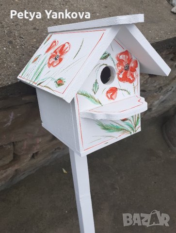 рисувани дървени къщички за птици със стойка, снимка 5 - Декорация за дома - 28855149