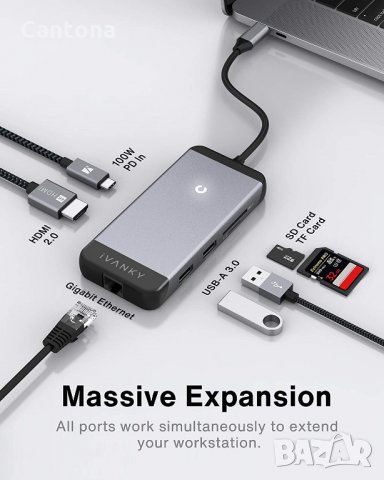 iVANKY 7 в 1 USB C, Gbit LAN, 4K HDMI, PD 100 W , 2 USB 3.0, SD / TF четци, снимка 2 - Други - 35143452