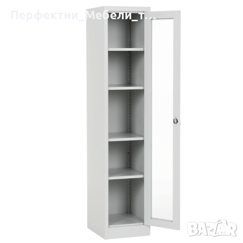 Тесен висок метален шкаф с 4 рафта,ключ,стъклени врати-за лекарства,мостри,изложения,ценни предмети