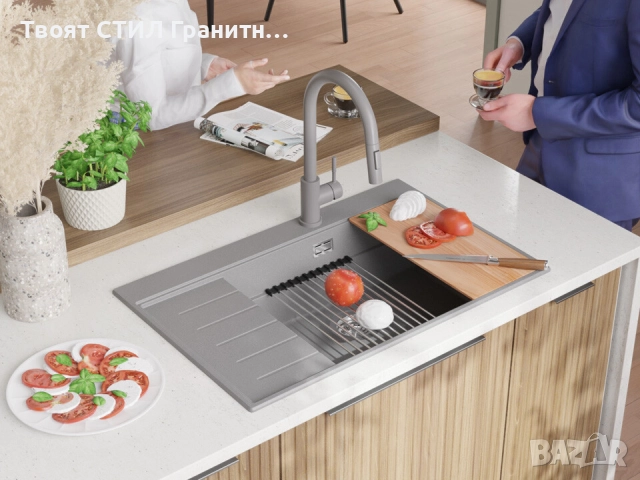 Сива гранитна кухненска мивка Сидни 780-60 Ergo Multilevel 780х500, снимка 4 - Мивки - 51918240