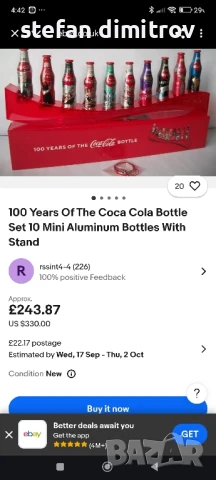 Coca Cola 100 години комплект бутилки, 10 мини алуминиеви бутилки с поставка, снимка 2 - Колекции - 51381112