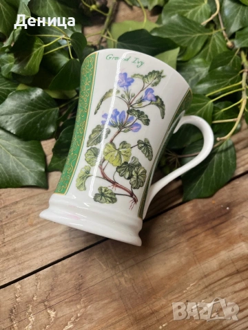 Чаша за чай от фин костен порцелан Crown Trent с ботаническа илюстрация „Ground Ivy“.  