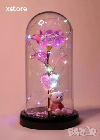 Романтична стъкленица с роза, мече и LED светлини, снимка 2 - Подаръци за жени - 52793410