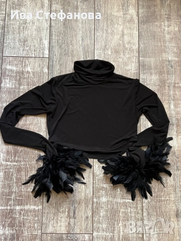 Черно еластично парти коктейлно официално поло топ естествени пера универсален размер , снимка 3 - Корсети, бюстиета, топове - 51953648