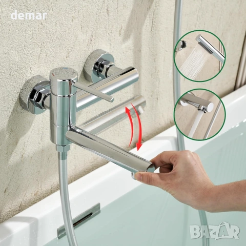 Стенен смесител за вана/душ за открит монтаж, 2-функционален, с въртящ се чучур, хром, снимка 5 - Смесители - 54027260