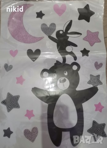 Мече и зайче бебешки детски стикер лепенка за стена мебел самозалепващи детска стая с брокат