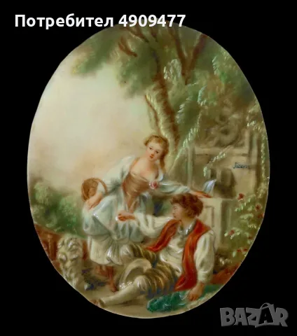 Рядък чифт антикварни миниатюри „Галантни сцени“ – Рококо (1910-1920), Франция, снимка 2 - Картини - 55920837