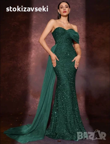 Дълга зелена рокля от пайети с акценти от тюл  , снимка 1