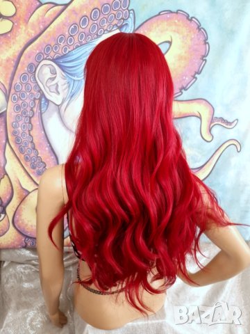 Прекрасна Дълга Перука в Интензивно Червен Цвят с Бретон КОД 9084, снимка 7 - Аксесоари за коса - 42663264