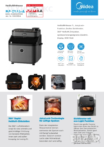Еър Фрайър Midea DualTaste Air Fryer MF-CY75C2 – 7L капацитет, снимка 6 - Други - 51792223