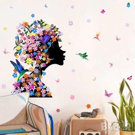 Черно лице дама с цветя самозалепващ стикер лепенка за стена мебел, снимка 2 - Други - 29248248
