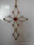 Стар Голям Бронзов Висящ Църковен КРЪСТ с Камъни, снимка 1