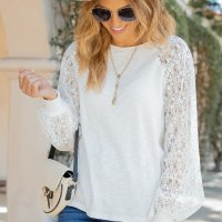 Дамска блуза в бяло с дълги ръкави от дантела, снимка 5 - Блузи с дълъг ръкав и пуловери - 44321247
