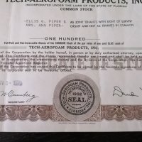 Сертификат за 100 акции (САЩ) | Tech-Aerofoam Products Inc. | 1970г., снимка 3 - Други ценни предмети - 29301627