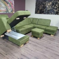 Зелен П образен ъглов диван от плат с функция сън и табуретка KS5044, снимка 4 - Дивани и мека мебел - 44245179