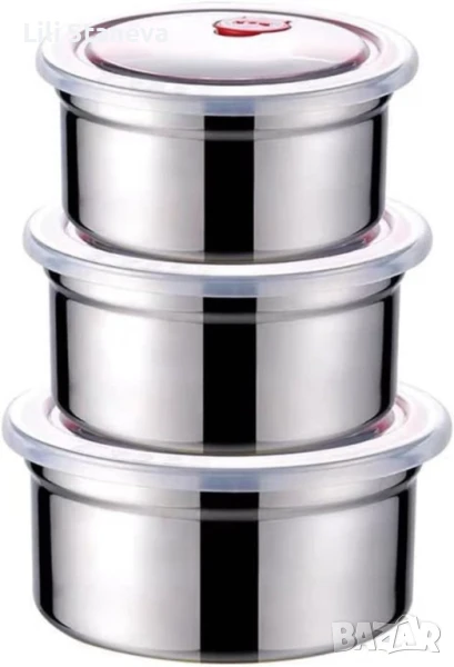 Комплект от три броя кутии,за съхранение,от неръждаема стомана,с пластмасови капаци. , снимка 1