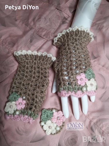Ръкавици и брошка какао и розово, снимка 1