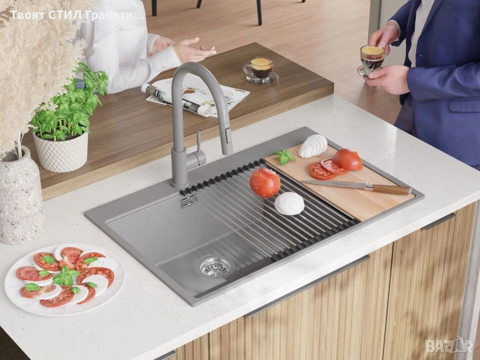 Сива кухненска гранитна мивка Осло 80 Duo Top 780x500 мм, снимка 1