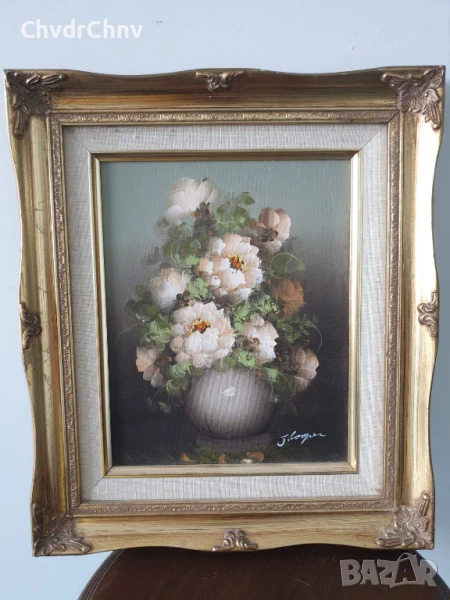36х31см/малка картина масло върху платно/натюрморт ваза с цветя/барокова дървена рамка, снимка 1