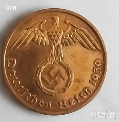 Рядка Райхгерманска монета 1 пфенинг 1939 година. UNC , снимка 3 - Нумизматика и бонистика - 54300256