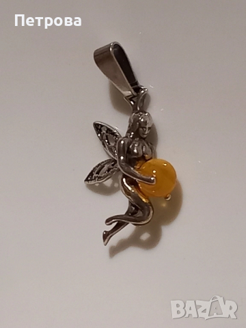 Сребърна фея с жълт кехлибар , снимка 3 - Колиета, медальони, синджири - 52041258