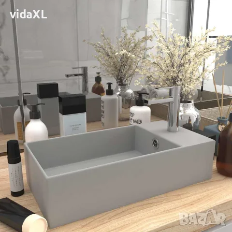 vidaXL Мивка за баня с преливник, керамична, светлосива, снимка 2 - Мивки - 56146122