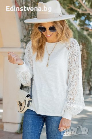 Дамска блуза в бяло с дълги ръкави от дантела, снимка 5 - Блузи с дълъг ръкав и пуловери - 44321247
