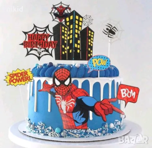 сет Спайдърмен табели паяжина сгради паяк картонени топери украса декор торта