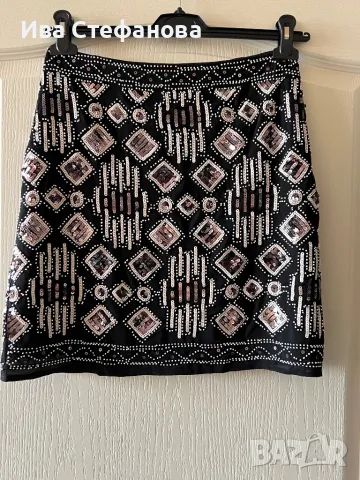 Елегантна нова луксозна официална парти пола s.Oliver бели черни паети мъниста , снимка 4 - Поли - 49290628