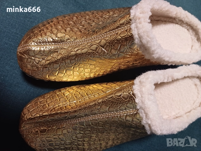 Топли златисти домашни пантофи, снимка 3 - Чехли - 52709287