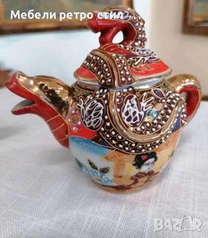 Японски комплект захарница и каничка за чай Satsuma. С богато рисувана релефна декорация. , снимка 7 - Декорация за дома - 51327811