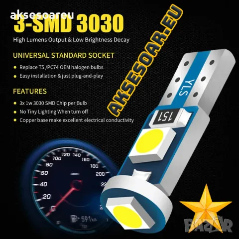 10 бр. малки габаритни крушки за арматурно табло T5 3SMD LED супер ярък 3030 LED вътрешно осветление, снимка 9 - Аксесоари и консумативи - 48601783