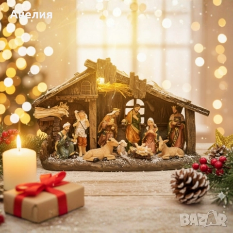 Коледна декоративна сцена с фигурки на Светото семейство – символ на любов и хармония, снимка 2 - Декорация за дома - 52040859