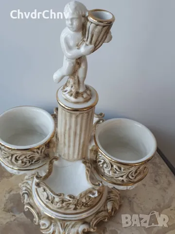 Capodimonte 29см/Каподимонте голям стар италиански порцеланов свещник-бонбониера/дете-злато, снимка 3 - Антикварни и старинни предмети - 49118135