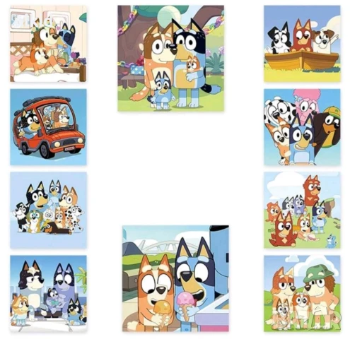 100 бр Блуи и Бинго Bluey Bingo квадратни самозалепващи лепенки стикери ръчна изработка за подарък, снимка 3 - Други - 51291843