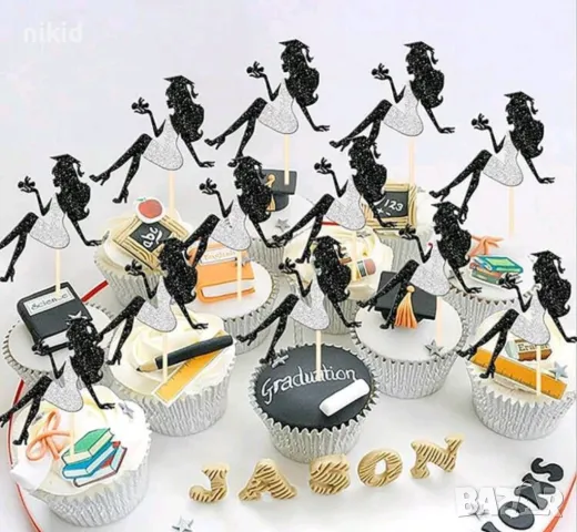 Момиче Абитуриент завършване бал черен брокатен картонен топер украса декор за торта кексче мъфин, снимка 5 - Други - 50319589