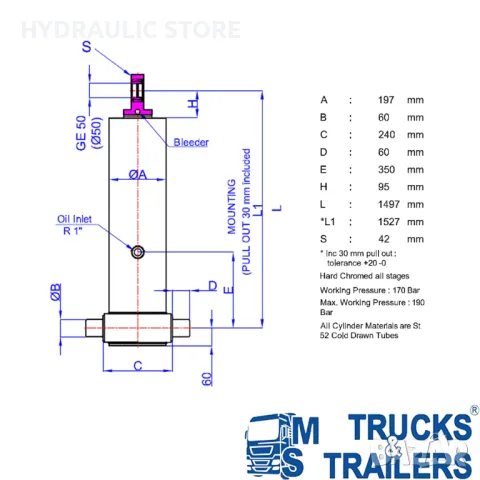 Хидравличен цилиндър HIDROMAS GHS 175 X 5 X 5975 C 431755559753, снимка 2 - Части - 47975808